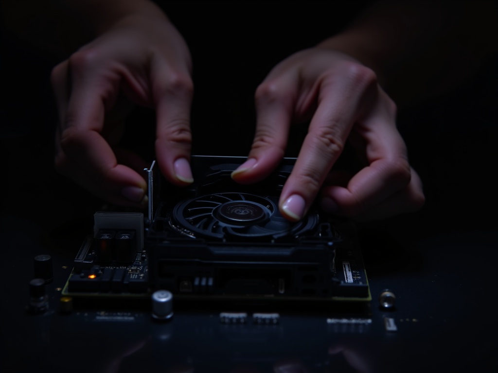 Close-up of hands installing a GPU into a motherboard during a custom PC build at Carlisle Computer Systems